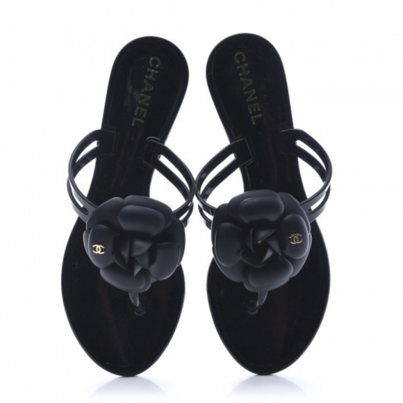 CHANEL Jelly Quilted Camellia Thong Sandals 37 Black - Picture 1 of 4